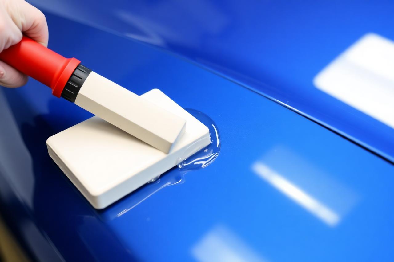 Ceramic coating being applied to a blue painted panel