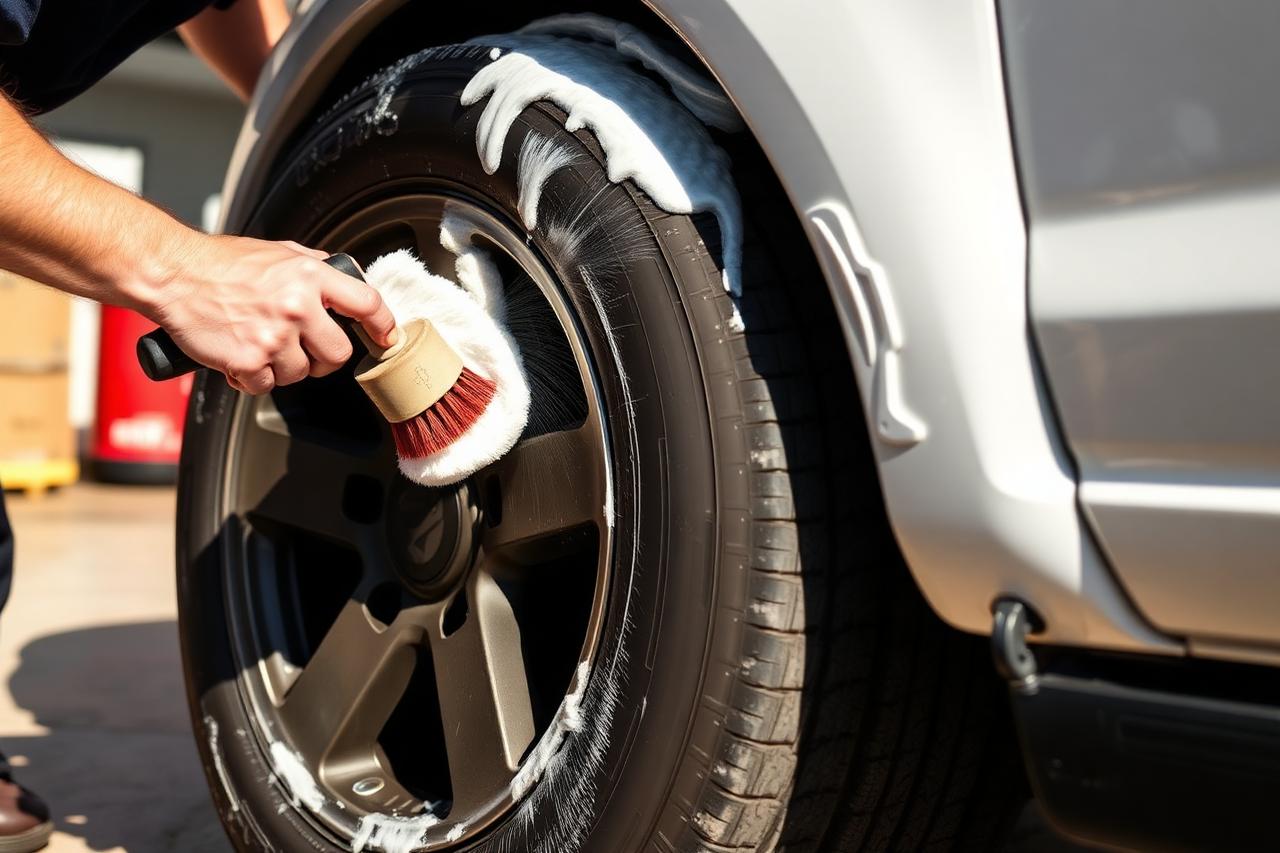 Alloy wheel and tire being scrubbed during an exterior detail