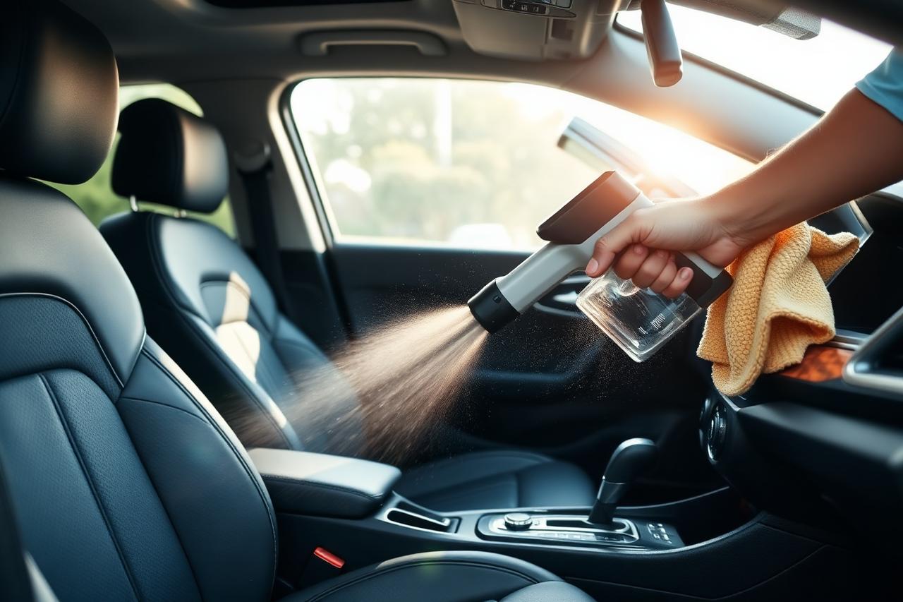 Interior of a car being cleaned with a detailing tool
