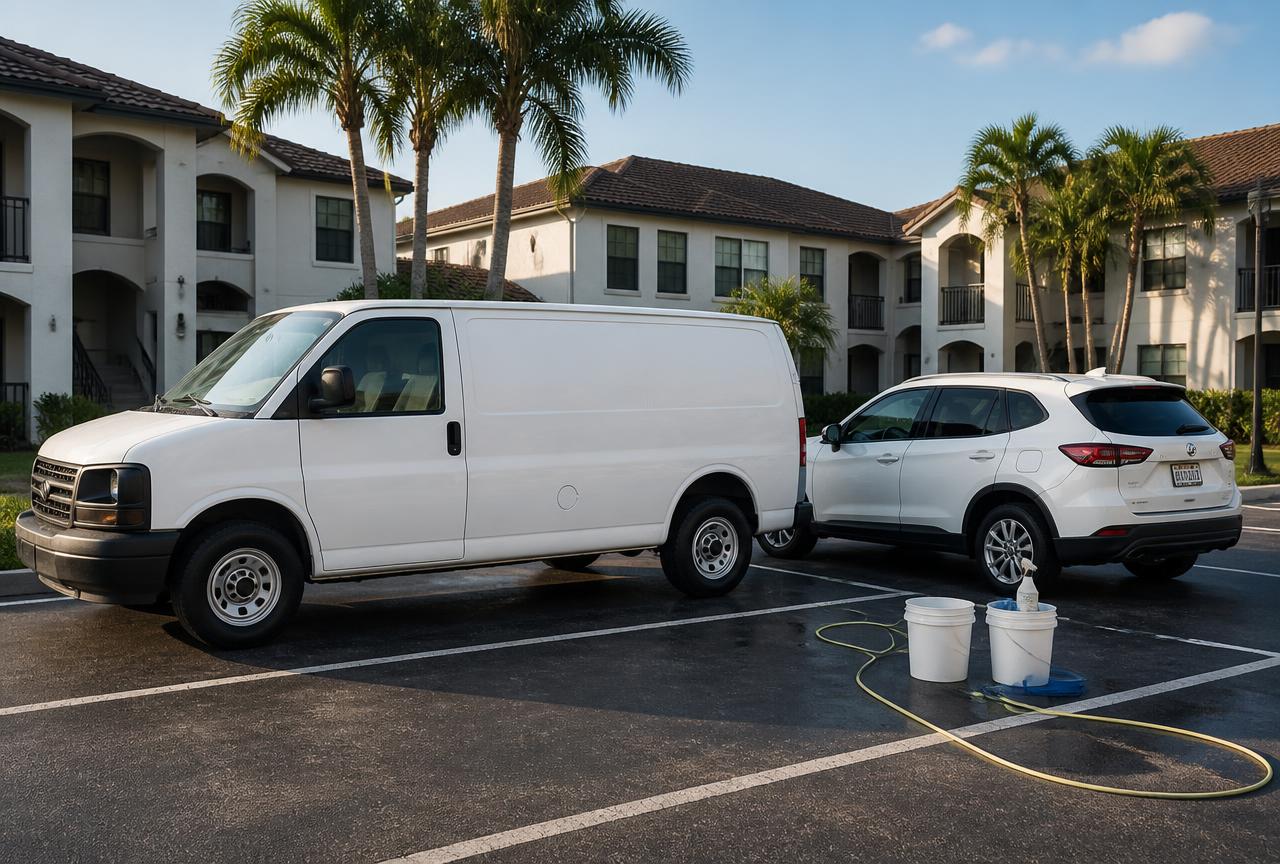 Mobile detailing setup working on a vehicle in an apartment lot