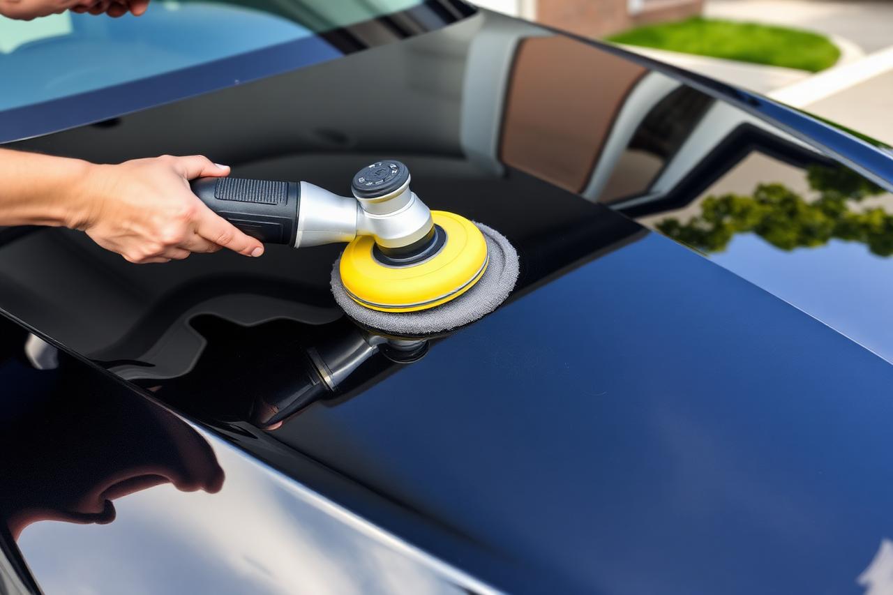 Dual action polisher working on a dark car hood